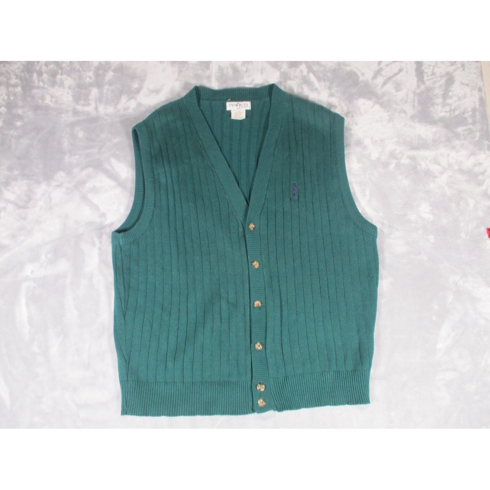 Vintage Penguin Sport Sweater Vest Men's L Green Ribbed Button Front‎ Made USA